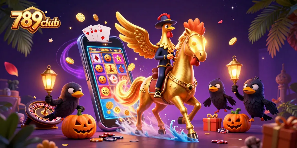 Experience the vibrant thrills of 789club through a dynamic midnight casino scene with golden rooster and companions.