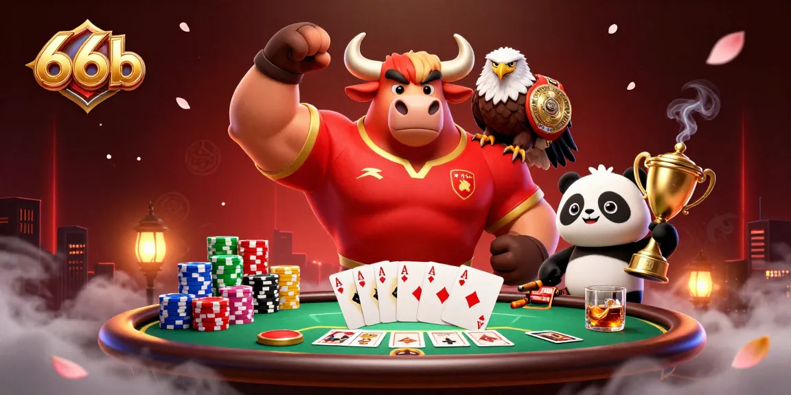 66b gaming experience showcasing a victorious bull mascot, eagle, and panda at a vibrant poker table