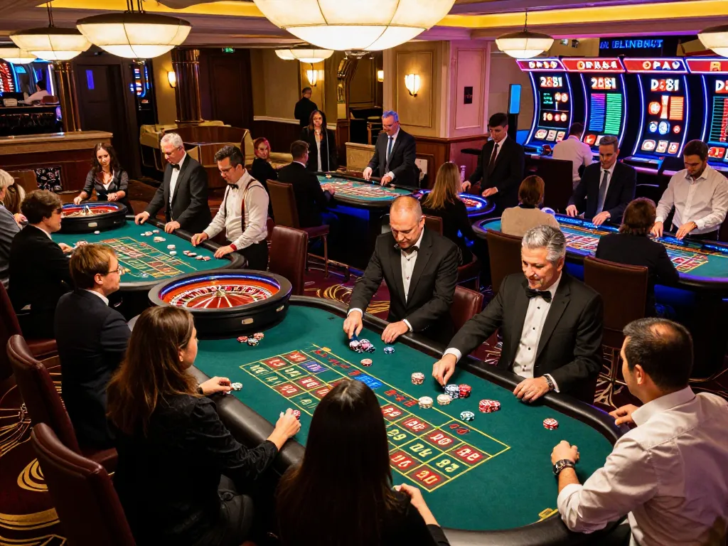 TR88 players engaging passionately at roulette tables, vibrant casino floor alive with excitement and chance.