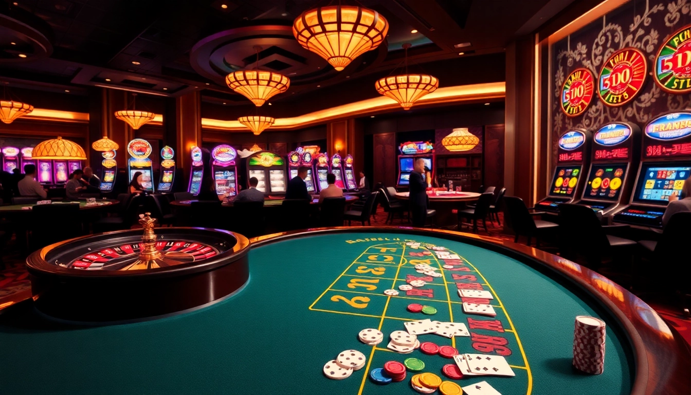 Experience thrilling gaming action at Hi88's vibrant casino scene with poker tables and slot machines.
