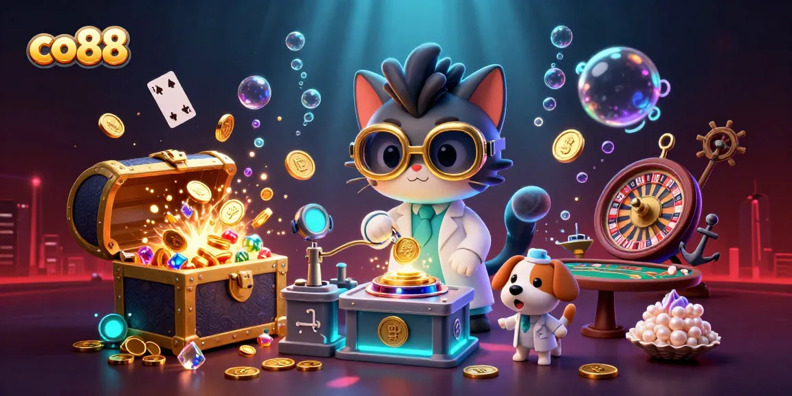 Experience the thrilling action at co88 with this vibrant casino-themed illustration of cartoon characters amidst games.
