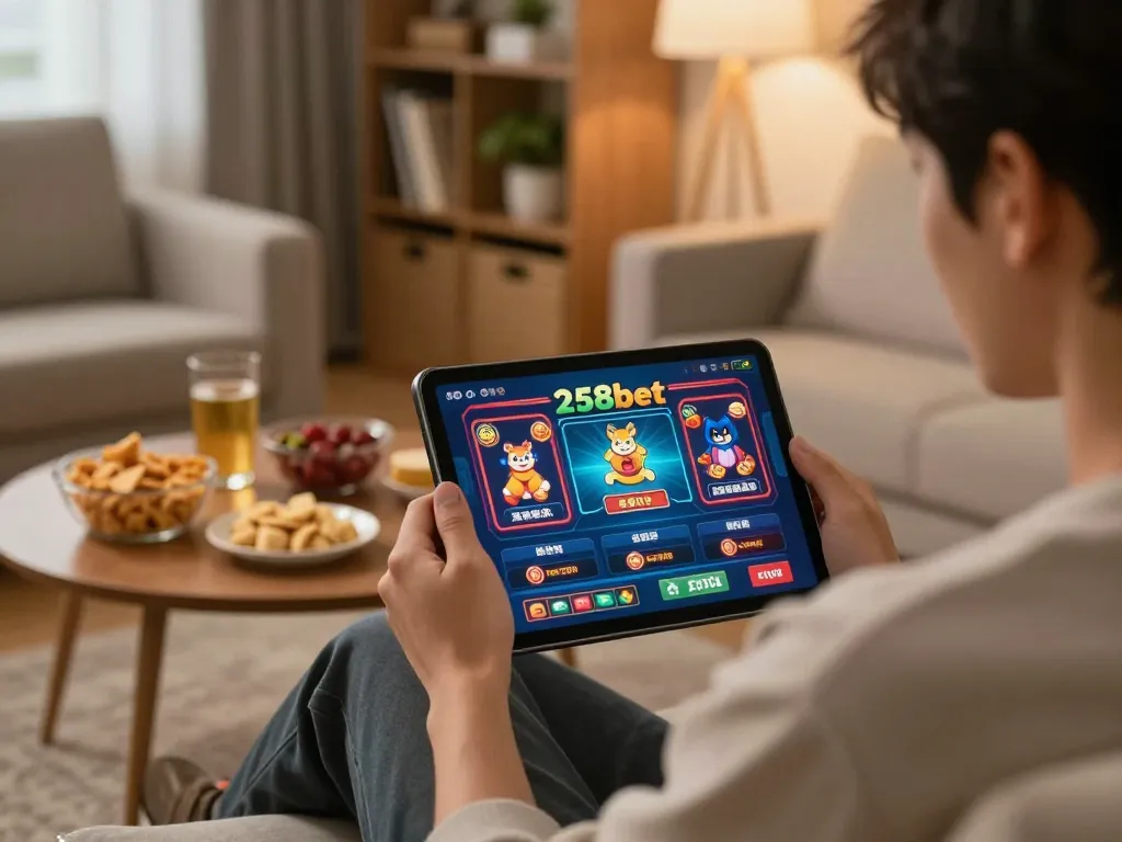 Engaging in online gaming on 258bet with a tablet in a cozy home setting.