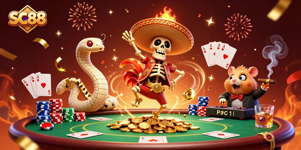 Engage in thrilling gameplay at SC88 with vibrant casino characters and exciting poker elements.