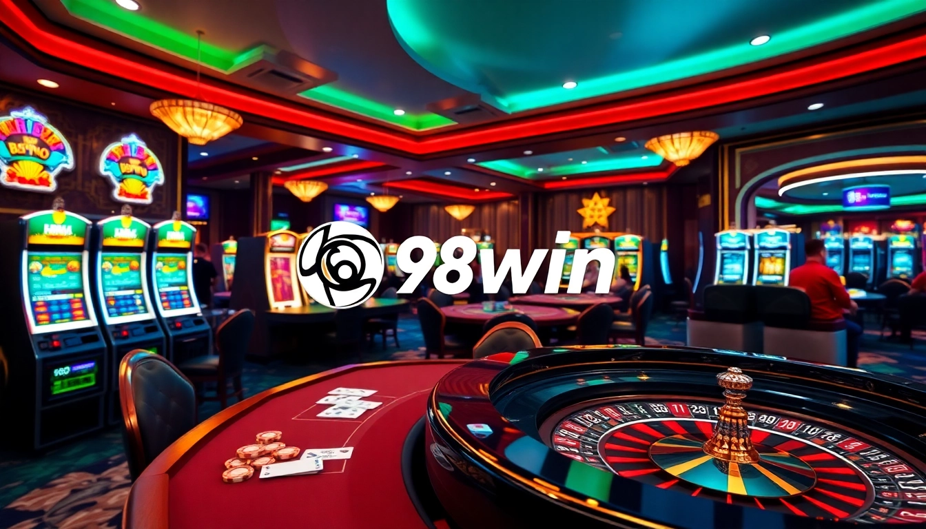 Players enjoying the thrill of gaming at 98win casino, surrounded by poker chips and slot machines.