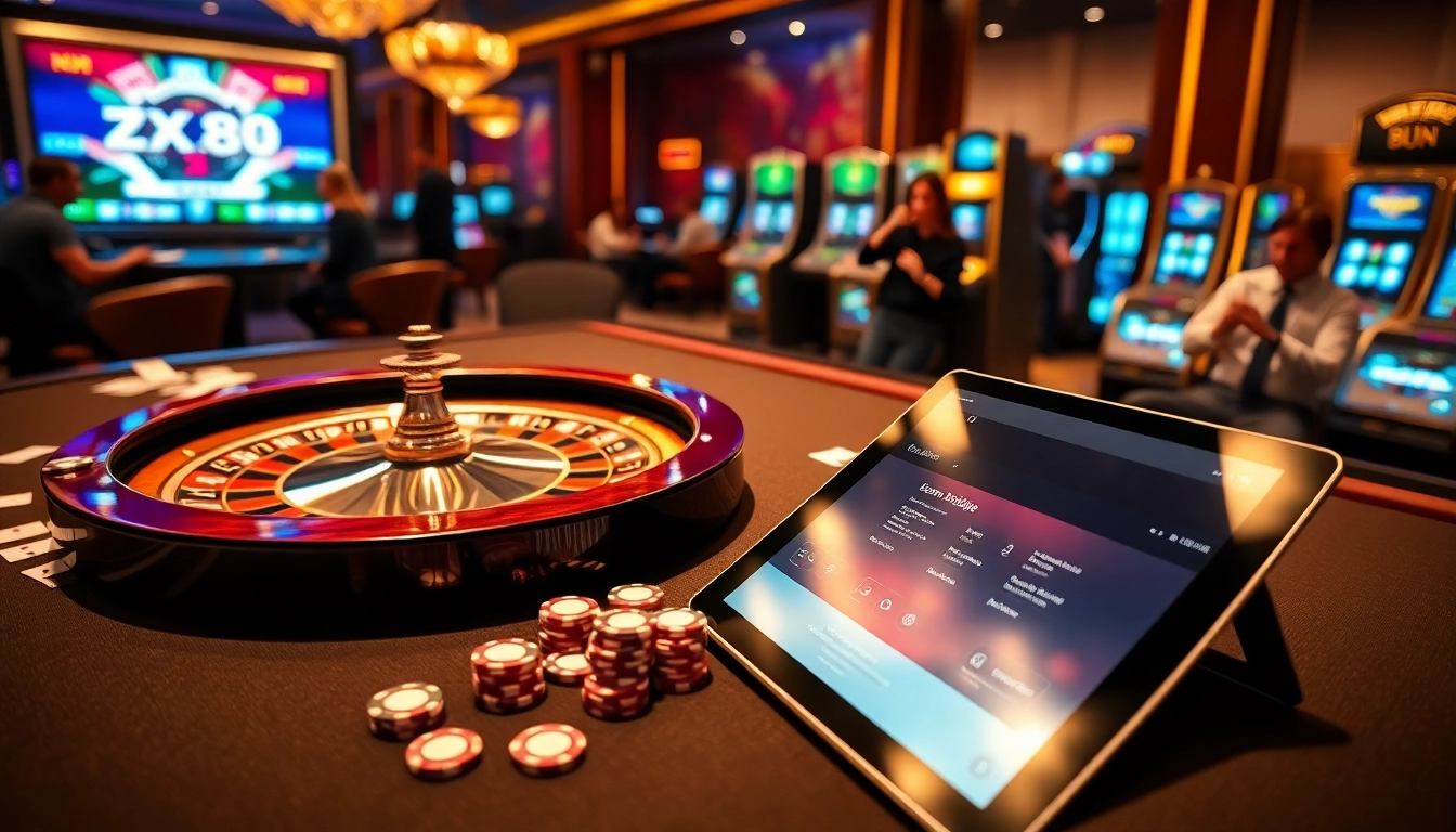 Engaging casino players enjoying vibrant games at https://zx88.buzz/ with luxurious tables and bright lights.