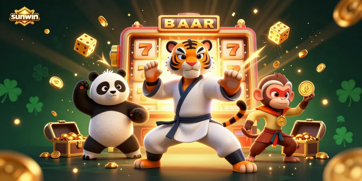 Spin to win with sunwin in this action-packed digital illustration of a kung fu tiger master amidst a jackpot!