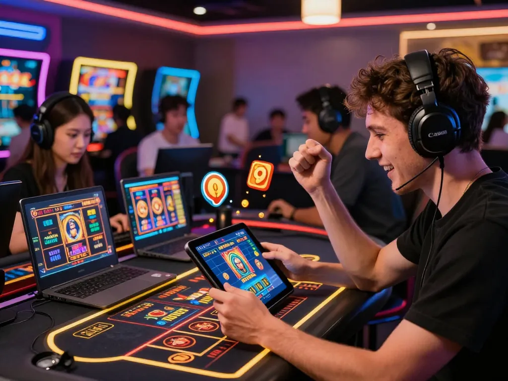 Players enjoying the sunwin gaming experience in a vibrant online casino environment, highlighted by colorful lights and interactive interfaces.