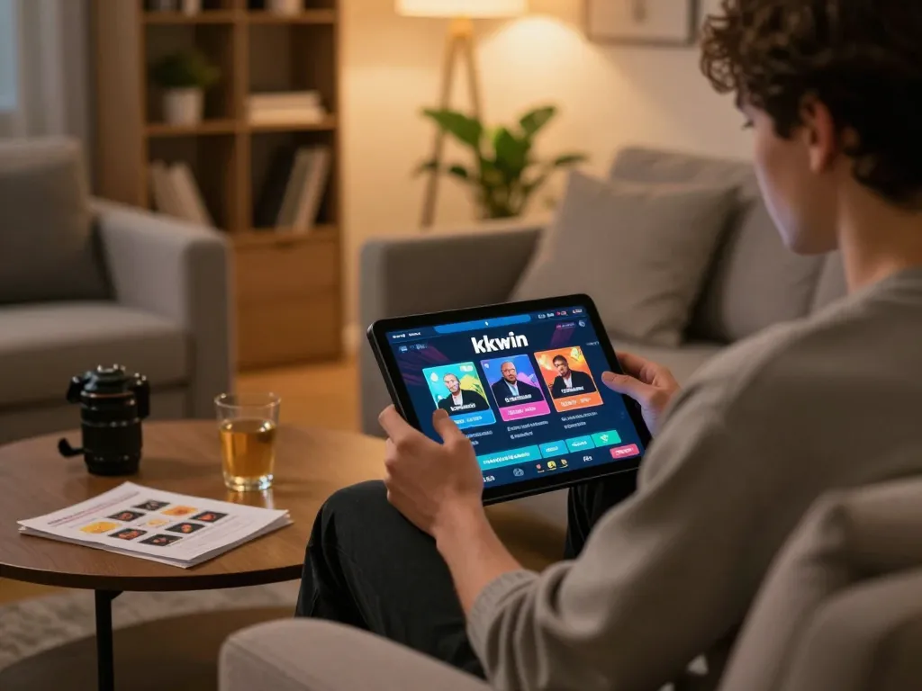 Player engaging with Kkwin online casino on tablet, cozy home gaming atmosphere.
