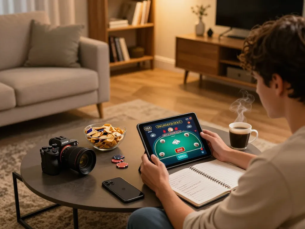 Engaging in online gambling at home, haywin user enjoys poker strategy notes beside tablet while gaming.
