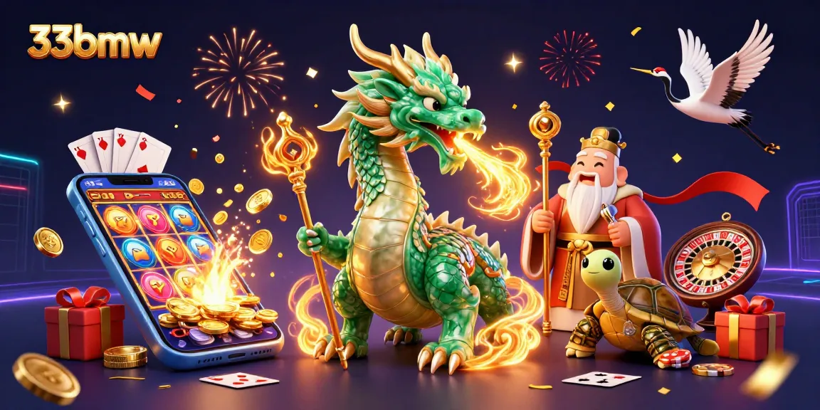 Experience the excitement of 33bmw with a vibrant casino scene featuring a dragon and lucky cranes.