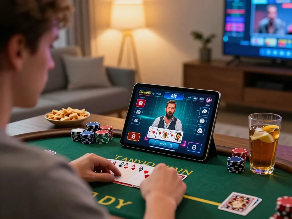 Player enjoying blackjack on tablet with BL555 interface in cozy living room setting