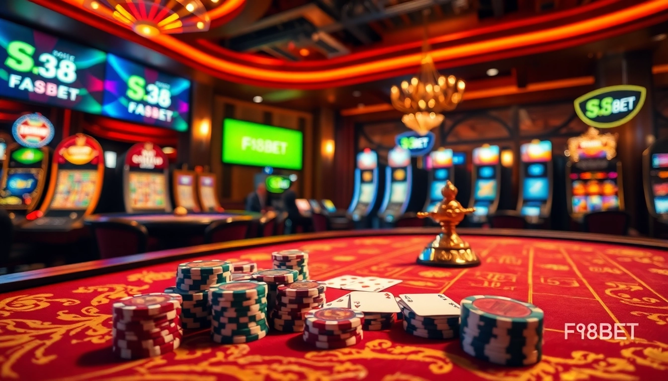 Engaging casino experience with F8BET.io's luxury gaming elements like cards, chips, and roulette.