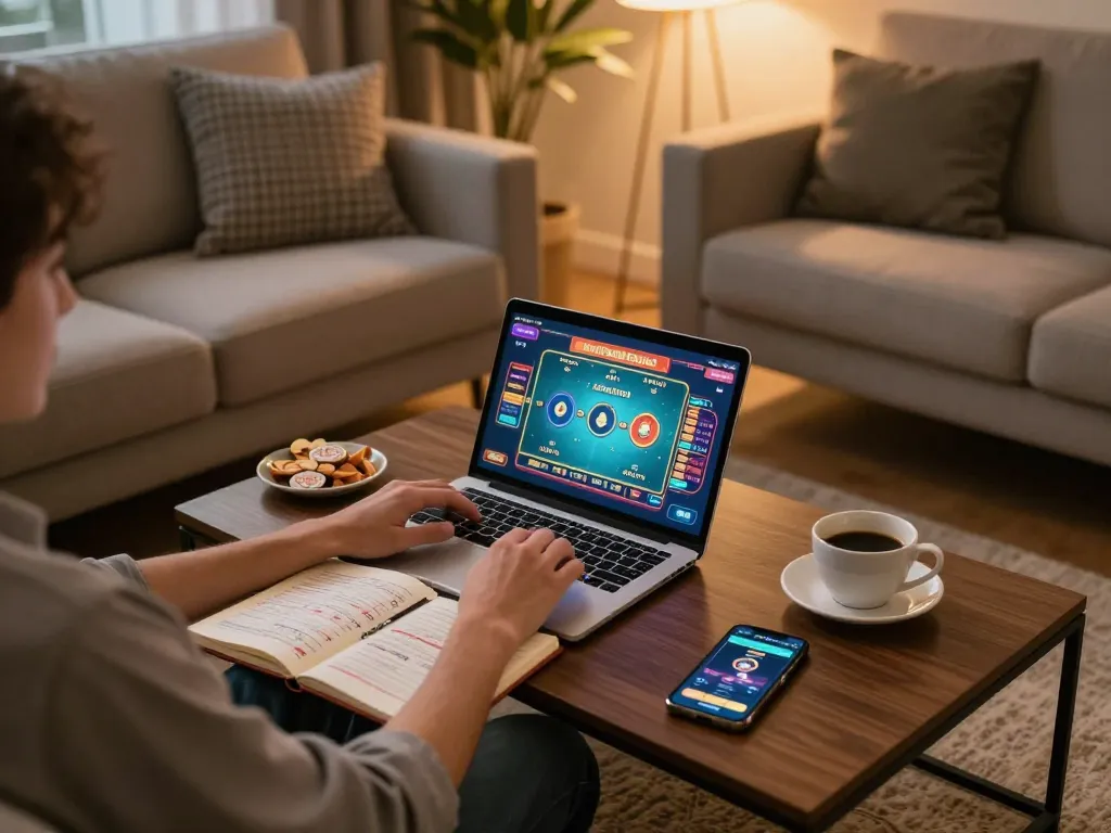 Engaging in game đánh bài đổi thưởng on a laptop in a cozy home setting, emphasizing responsible gaming.