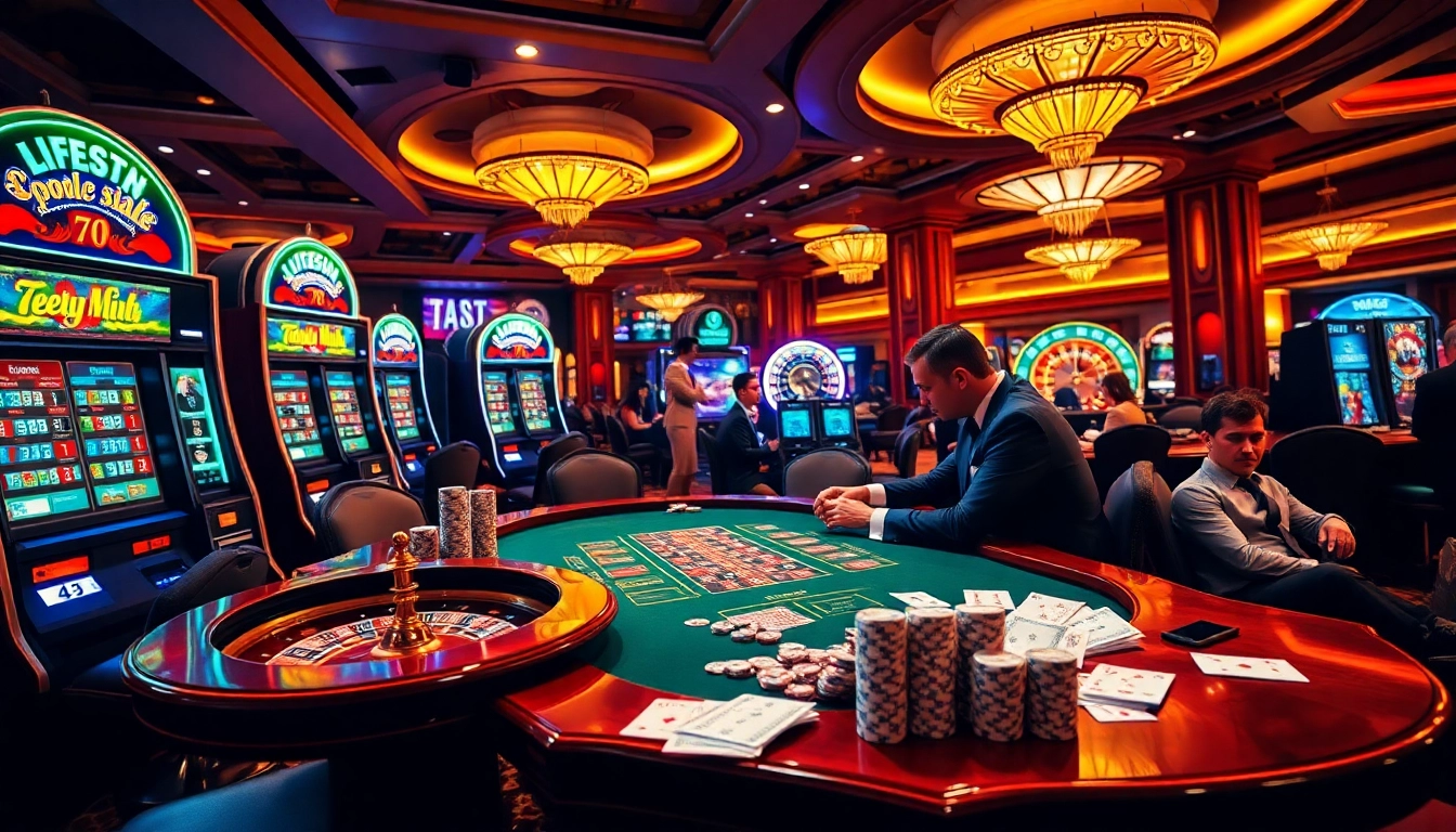 Engaged players enjoying poker at 789win1.black, surrounded by vibrant casino elements.