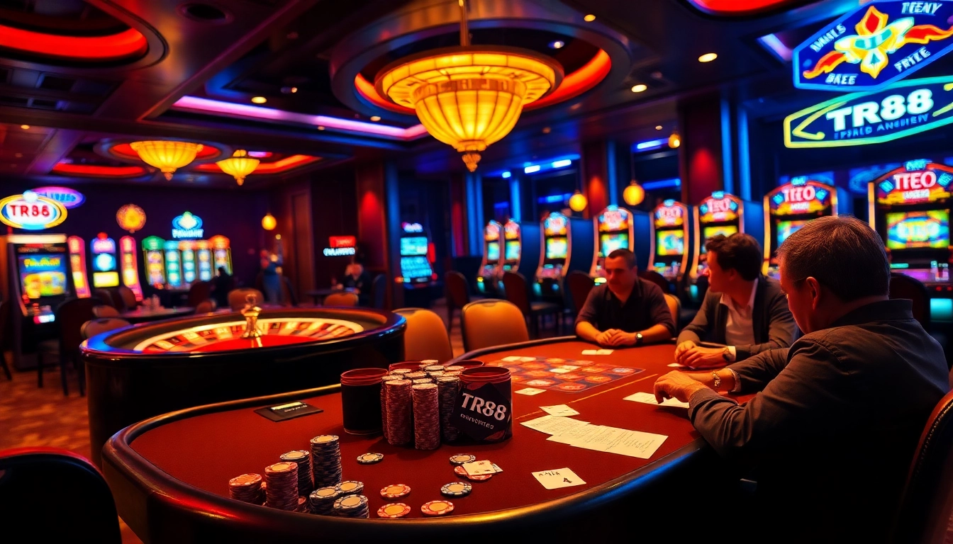 Competitive players engage at the TR88 poker table, immersed in an exciting casino atmosphere.