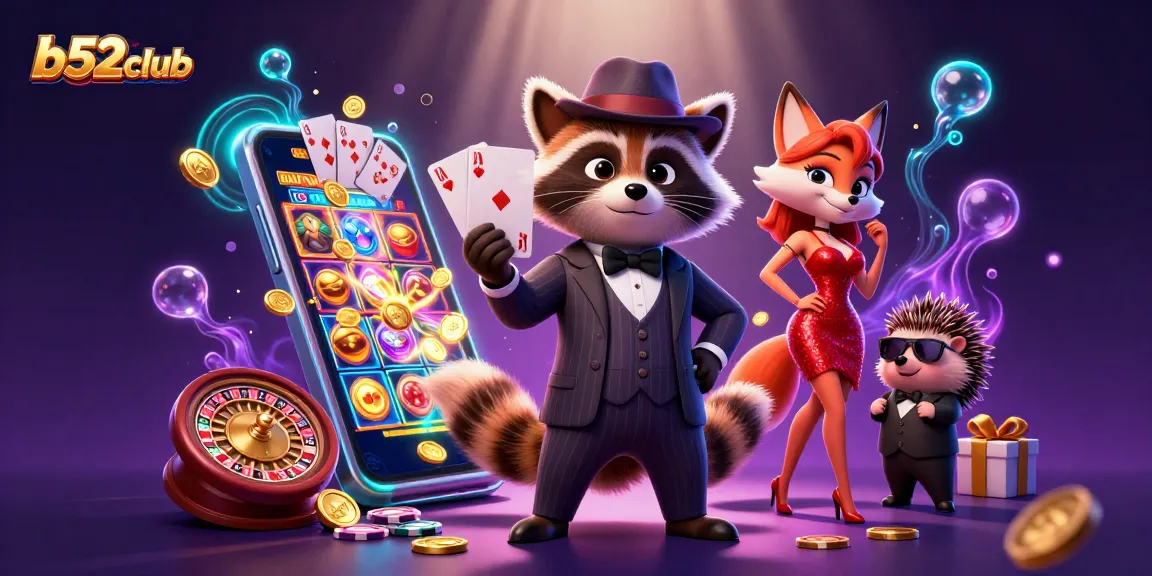 B52Club features a raccoon in a suit holding a royal flush surrounded by casino games and elements.