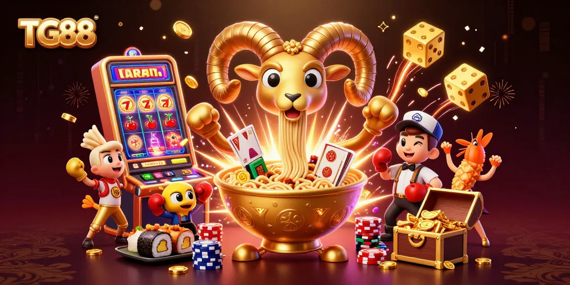 Explore dynamic gaming with TG88, featuring a golden ramen bowl dealer surrounded by vibrant casino elements.