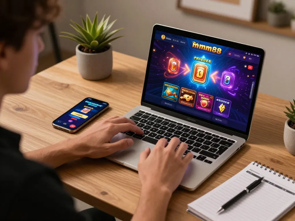 mm88 online gaming interface displayed on a laptop screen in a cozy home setup