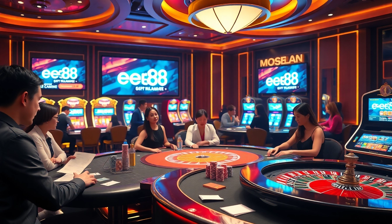 Players enjoying engaging casino games at EE88, showcasing excitement and luxury in a vibrant atmosphere.