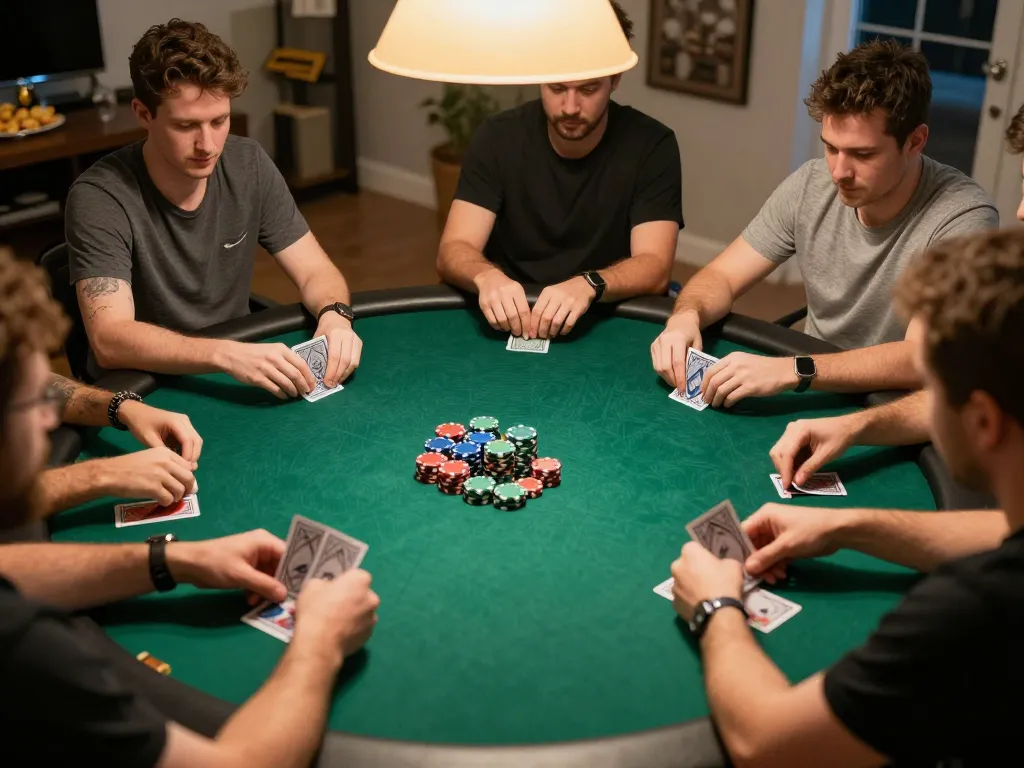 MMOO poker night: Friends placing bets and having fun in a vibrant home game setting