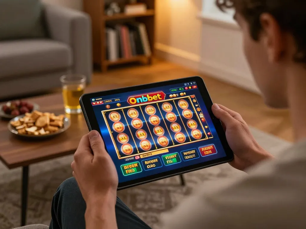 Engaging online gaming moment on Onbet, player focused on tablet in cozy setting.