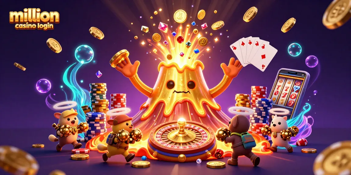 Join the action with million casino login, where a golden volcano erupts coins and gems amidst thrilling casino elements.