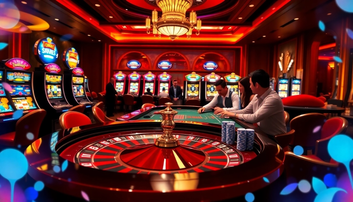 A thrilling gambling scene at https://789f.fan/ with roulette table, poker chips, and vibrant slot machines.