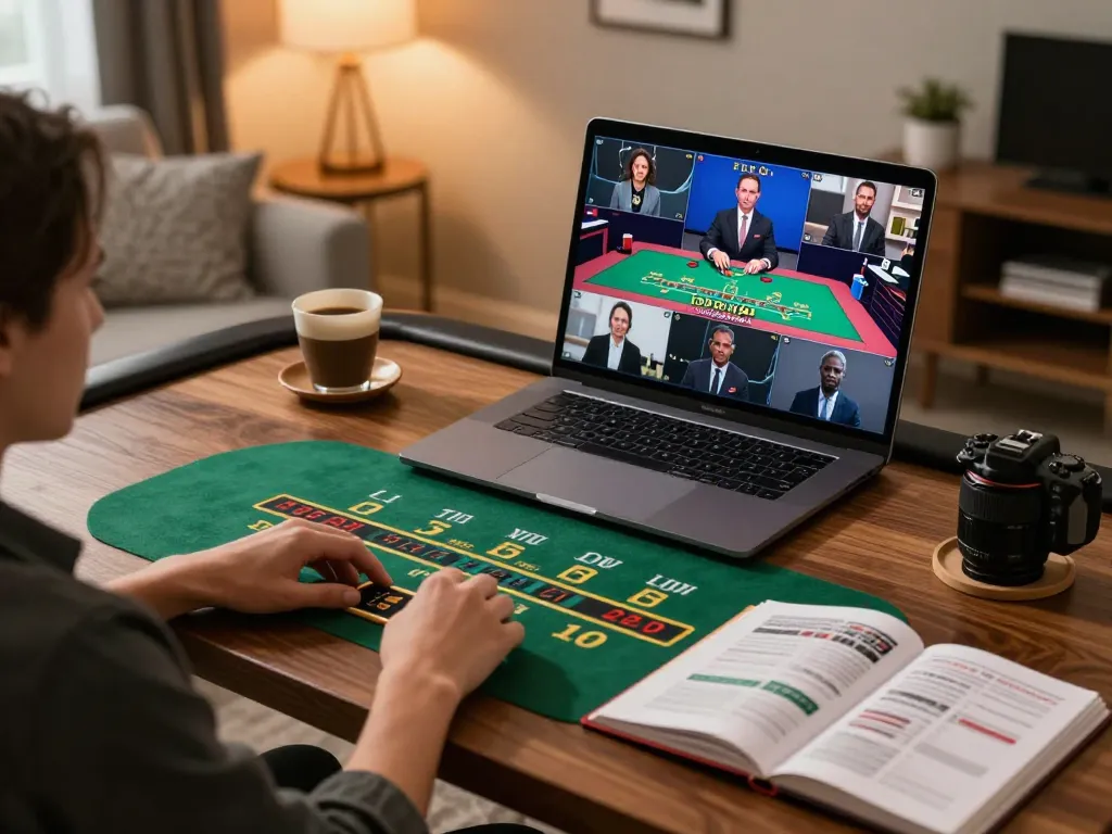 Engaged player at debet online casino playing live dealer blackjack, showcasing modern gaming setup and strategic focus.