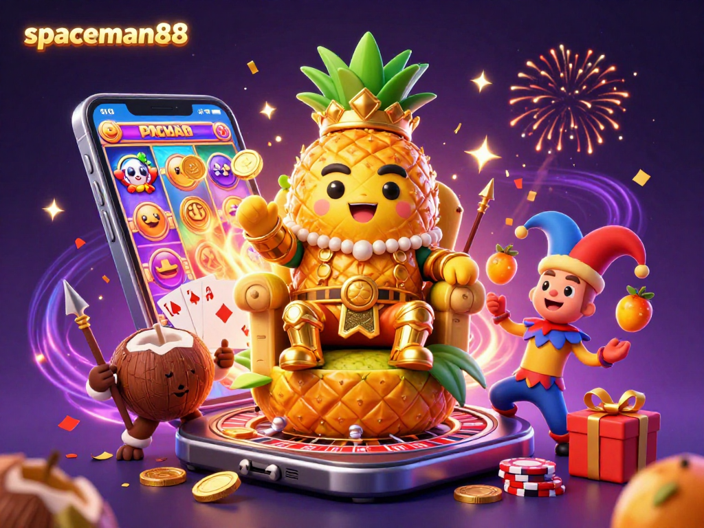 Engage with the winning experience at spaceman88's vibrant casino scene featuring a golden pineapple king and exciting slot action.