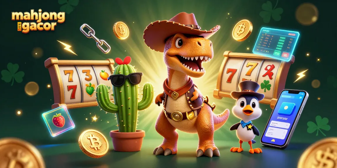 Engage with mahjong ways gacor in an exciting slot world, featuring animated T-Rex and casino elements.