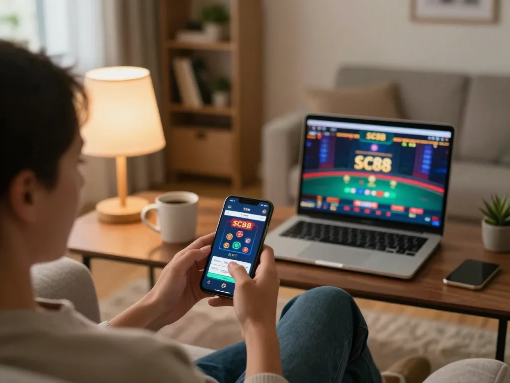 Player engaging in online gambling via SC88 app on smartphone in a cozy living room.