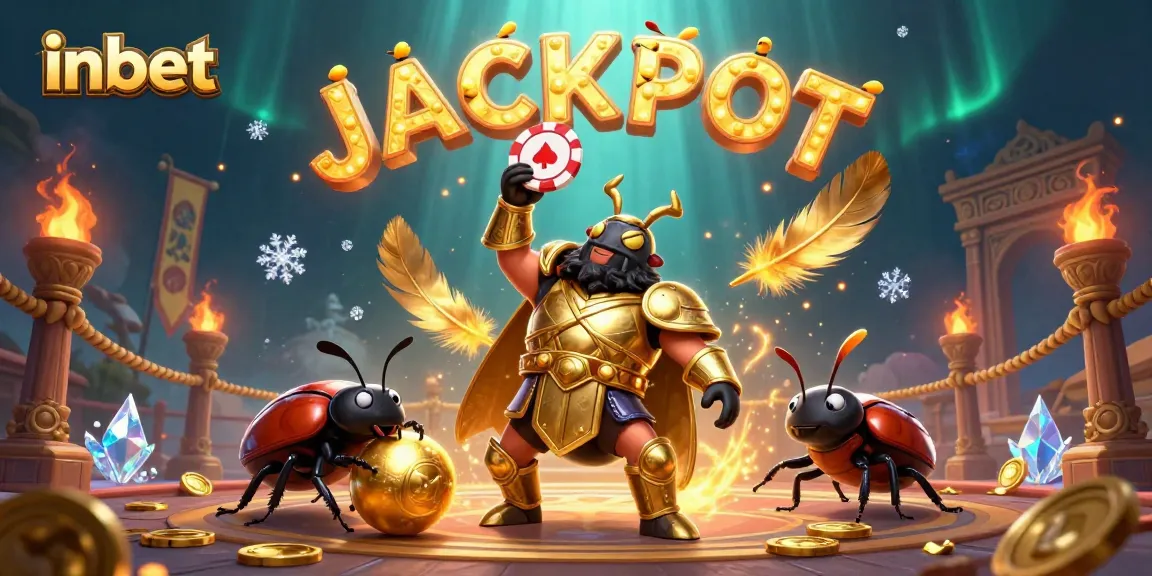 Win big with inbet at this vibrant casino scene featuring beetles in a jackpot celebration.