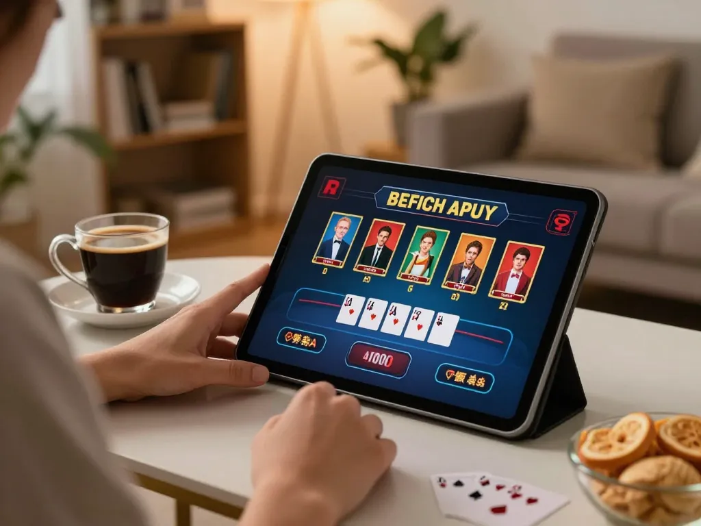 Player enjoying poker on sc88 tablet in cozy living room setting with snacks.