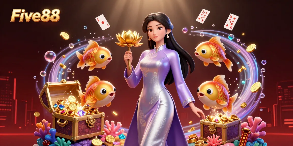 Engage with the vibrant Five88 online casino scene featuring an Asian woman, koi fish, and treasure.