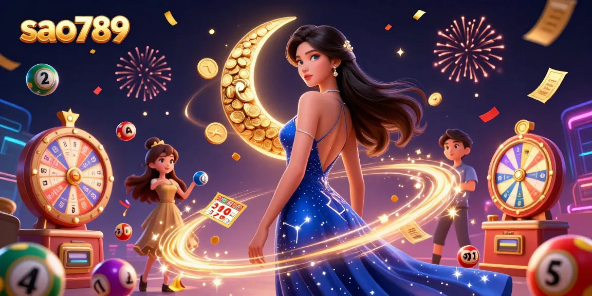 Sao789 brings excitement with dynamic lottery elements and an enchanting atmosphere featuring an elegant Asian woman amidst casino play.