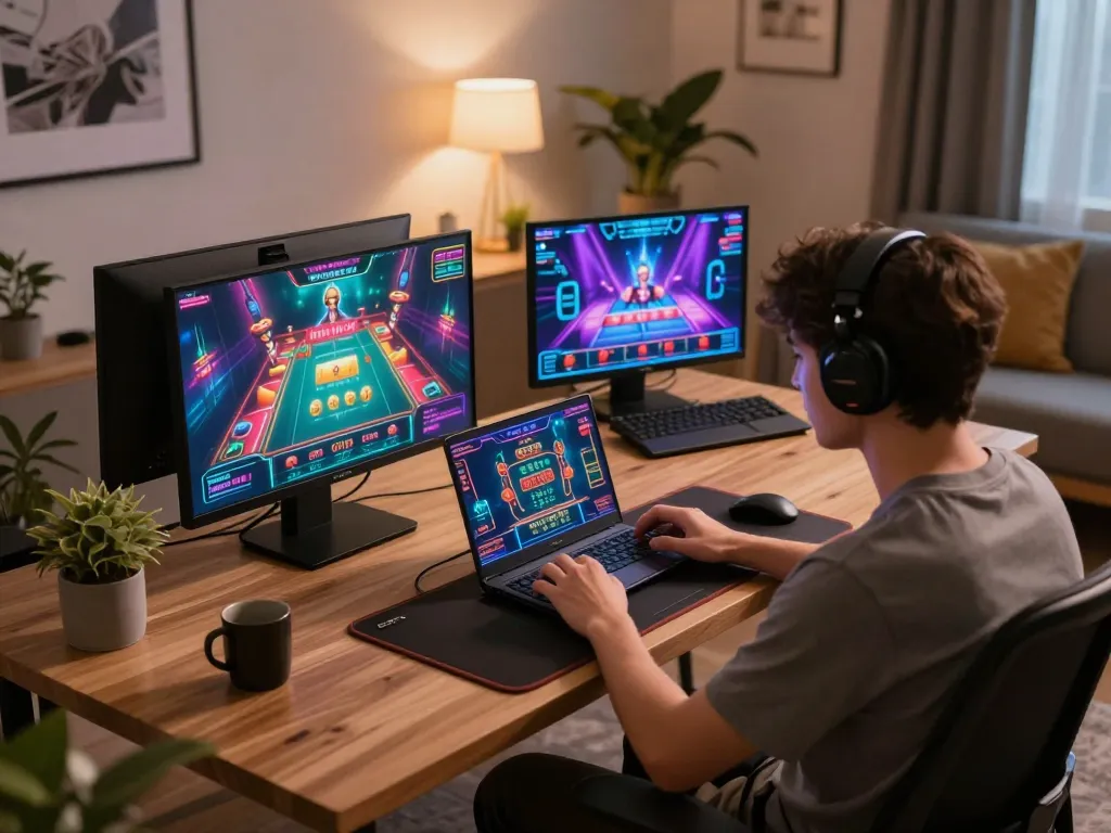 Player engaging in online gambling at home with fo88 on devices, warm inviting atmosphere.