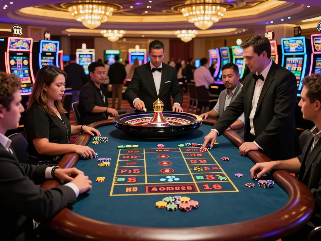 Players enjoying a thrilling roulette game at Rik88 casino, dynamic atmosphere capturing excitement.