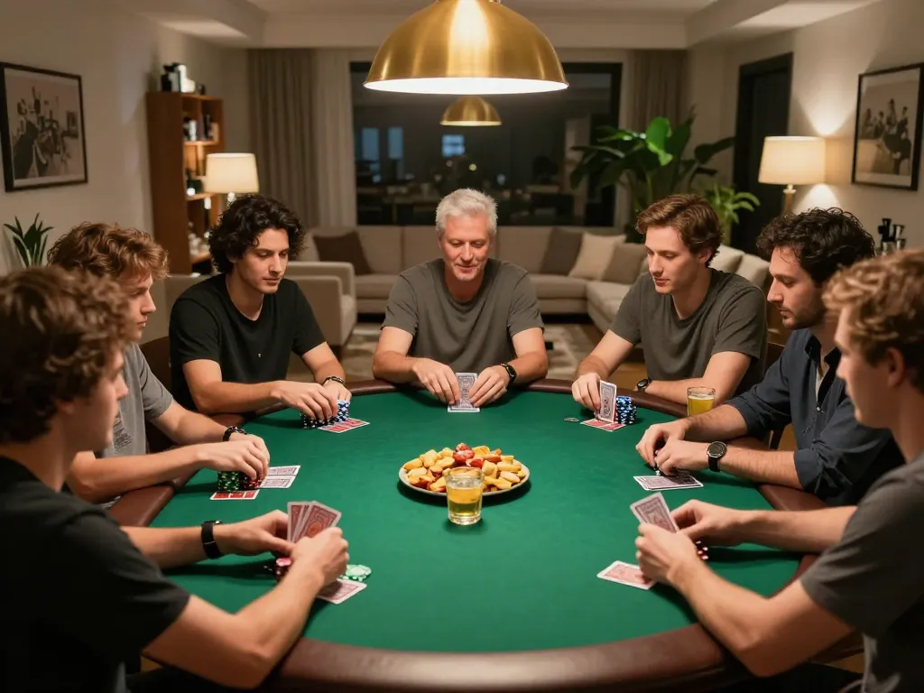GA28 home poker night with friends, vibrant atmosphere and competitive gameplay in progress.