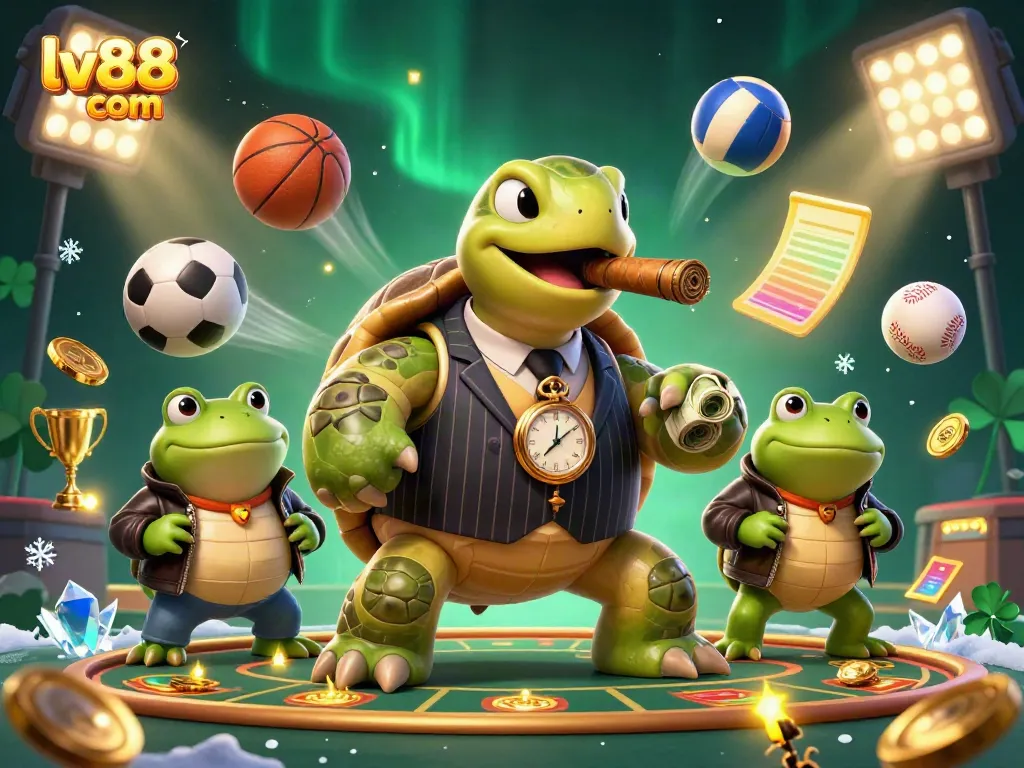 Experience excitement at lv88 com with a dynamic illustration of a cartoon turtle and frog characters amidst casino elements.
