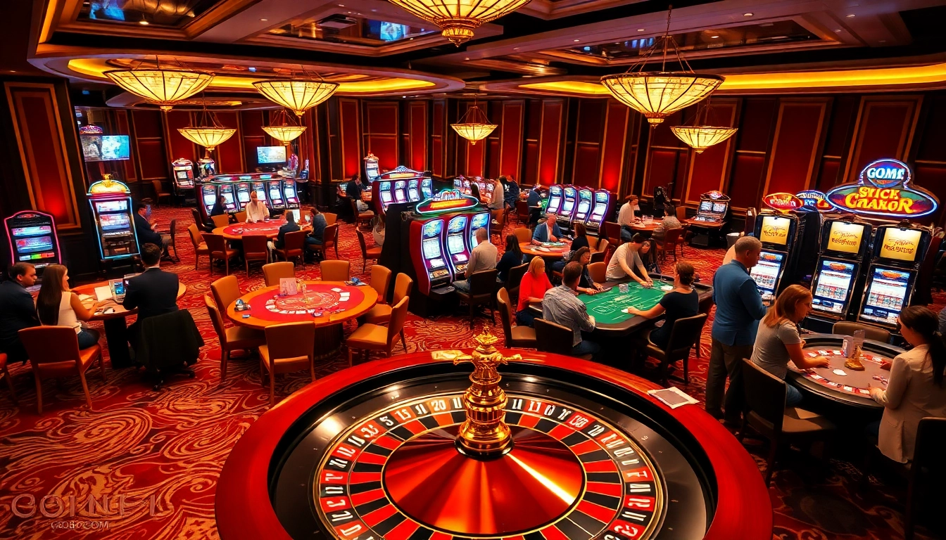 Players enjoying thrilling games at GO8.COM casino, featuring poker and roulette tables.