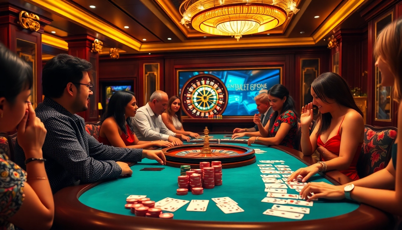 Players enjoying a thrilling poker game at fun 79 casino, showcasing colorful chips and intense excitement.