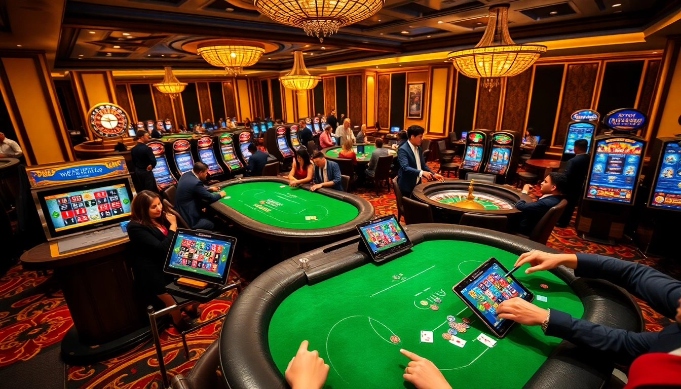Experience thrilling gaming at https://f8beta2.support/, featuring a stunning casino setting with poker and slot machines.