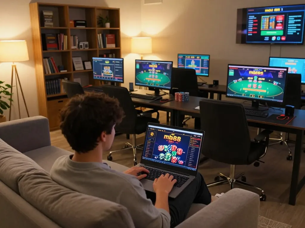 Player engaging on mb88 online casino platform from home with vibrant atmosphere.