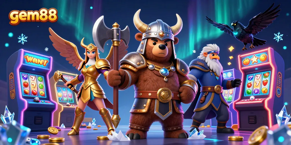 Play thrilling slot games with gem88, featuring vibrant characters and dynamic gameplay elements in a dazzling casino scene.