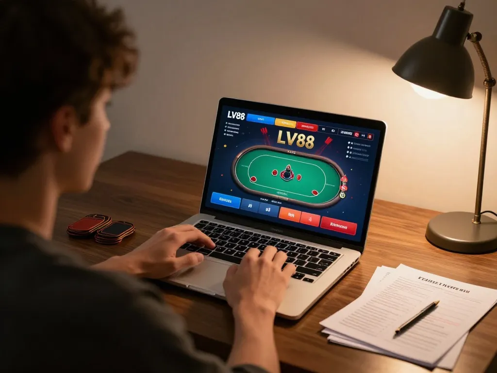 Engaged player strategizing for LV88 poker game on laptop at home.