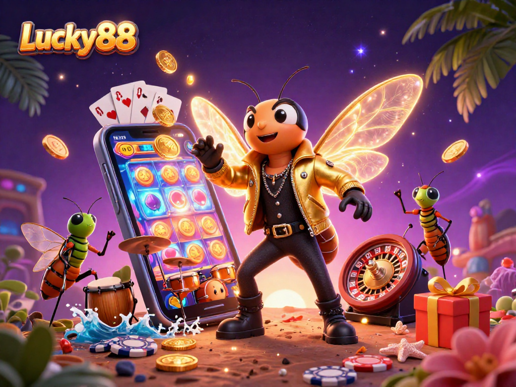 Experience the energy of Lucky88 with a vibrant 3D casino illustration featuring a cicada rock star and gaming elements.