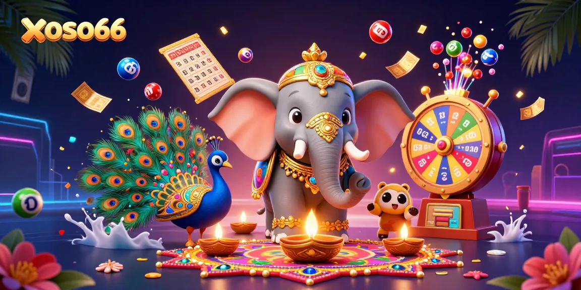 Create thrilling experiences at xoso66 with vibrant colors and dynamic lottery elements amidst casino-themed illustrations.