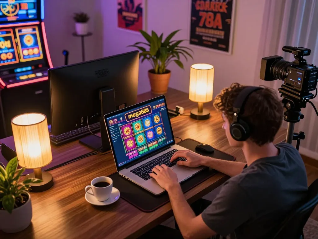 Engaging with the mega888 online casino interface at a modern home desk.