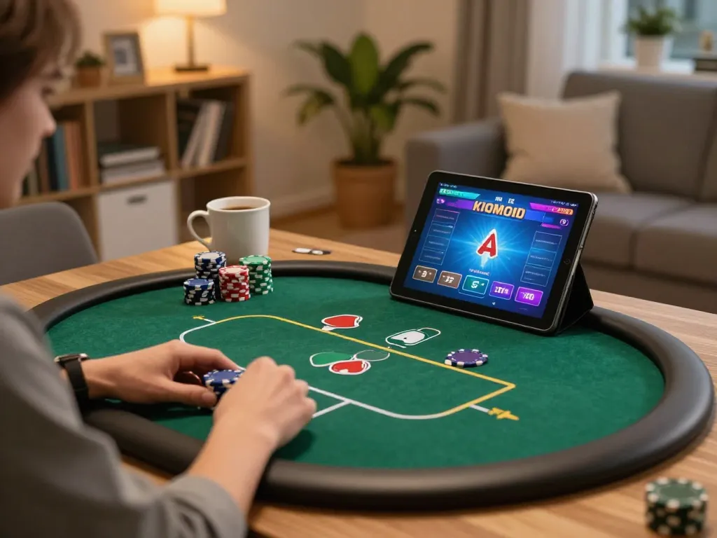 Engage in online poker with 98win, featuring colorful game interface on tablet and cozy home setting.