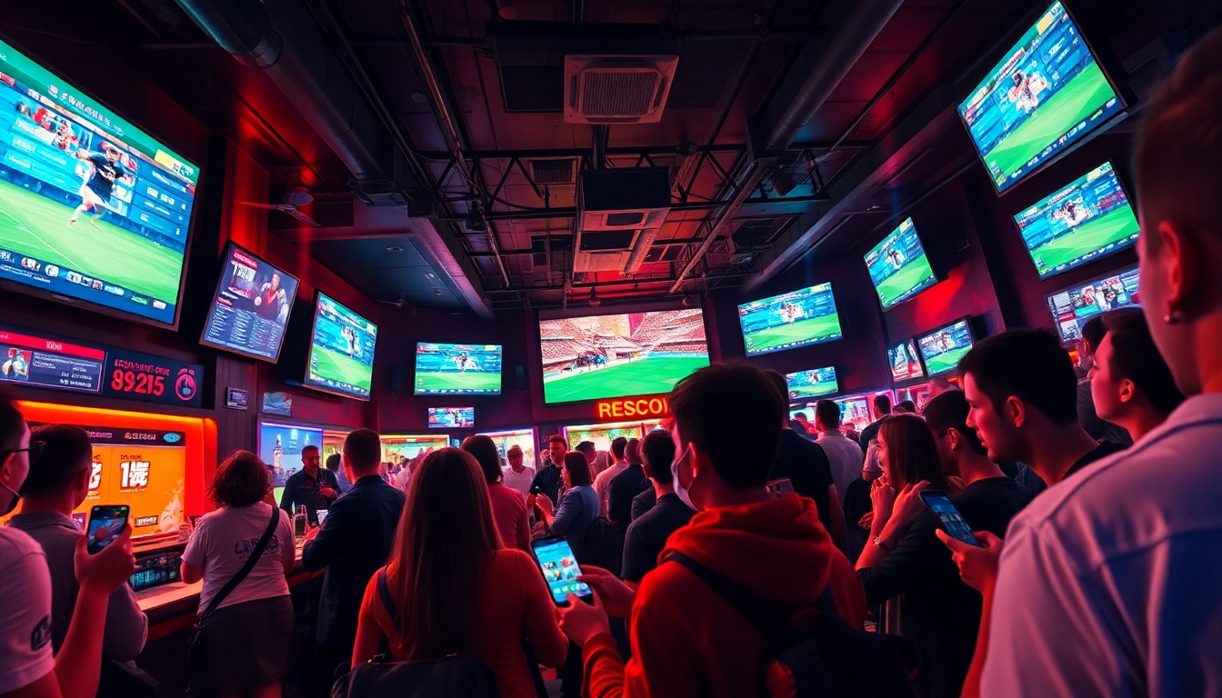 Exciting sports betting scene at bong88 net with enthusiastic fans and vibrant ambiance.
